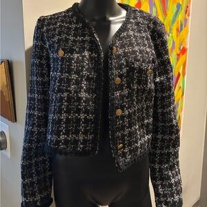 SHEIN Black and White Tweed Blazer with Gold Buttons